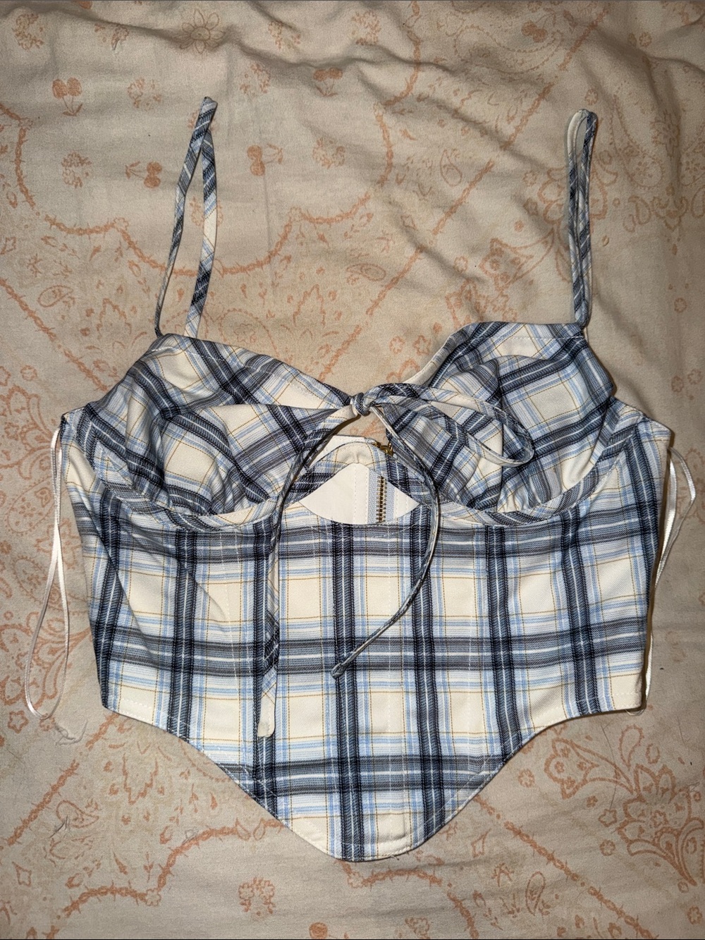 Plaid Corset Crop Top with Front Tie